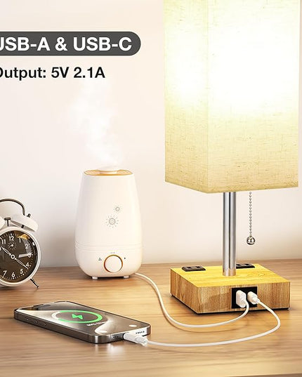 aooshine Beige Small Table Lamp for Bedroom - 3 Color Temperature 3000K 5000K 4000K Bedside Lamp, Pull Chain Control, USB A and C Ports and AC Outlets, Wood-grain Base, Bulb Included - LeafyLoom