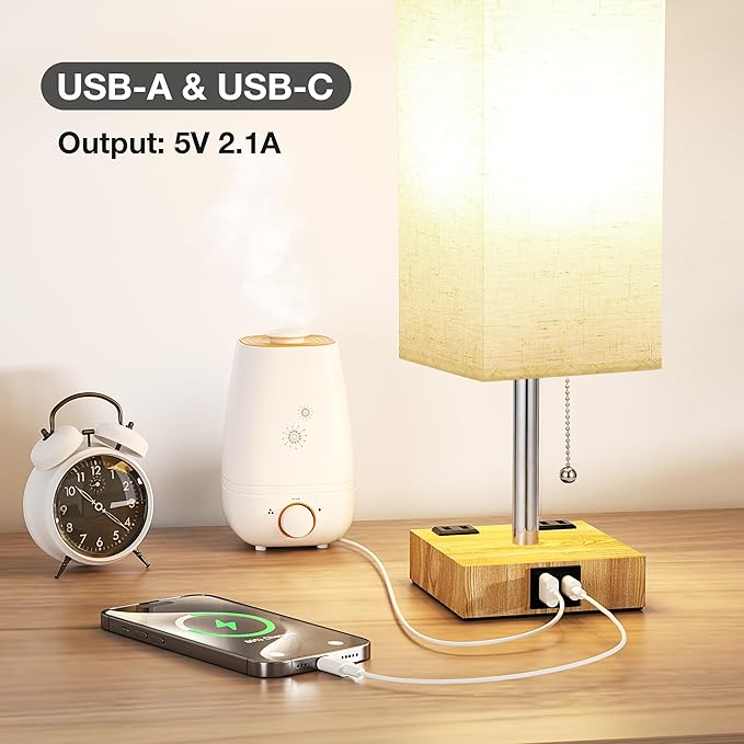 aooshine Beige Small Table Lamp for Bedroom - 3 Color Temperature 3000K 5000K 4000K Bedside Lamp, Pull Chain Control, USB A and C Ports and AC Outlets, Wood-grain Base, Bulb Included - LeafyLoom