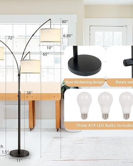 Arc Floor Lamps for Living Room,Modern Mid Century Tall Standing Floor Lamp with Heavy Base for Bedroom Office,3-Light Floor Lamp with Adjustable Hanging and 3 LED Bulbs (Black+Beige Shade) - LeafyLoom