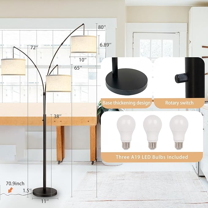 Arc Floor Lamps for Living Room,Modern Mid Century Tall Standing Floor Lamp with Heavy Base for Bedroom Office,3-Light Floor Lamp with Adjustable Hanging and 3 LED Bulbs (Black+Beige Shade) - LeafyLoom