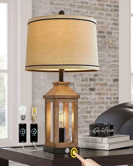 23.75" Farmhouse Table Lamps Set USB A+C Charging Ports 3-Way Dimmable Touch Control Lamp Nightlight Vintage Modern Lamp for Living Room Bedroom with 2 Light Sources - LeafyLoom