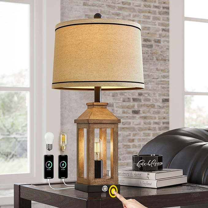 23.75" Farmhouse Table Lamps Set USB A+C Charging Ports 3-Way Dimmable Touch Control Lamp Nightlight Vintage Modern Lamp for Living Room Bedroom with 2 Light Sources - LeafyLoom