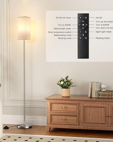 Ambimall Remote Control Floor Lamp, Stepless Dimmable, 64 Inches Tall, Include 9W Bulb, Standing Lamp for Living Room Bedroom Office (White & Sliver) - LeafyLoom