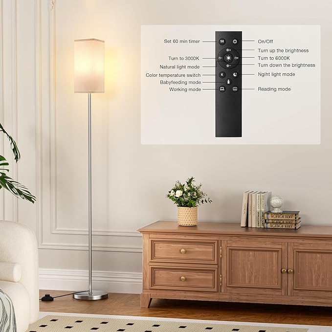 Ambimall Remote Control Floor Lamp, Stepless Dimmable, 64 Inches Tall, Include 9W Bulb, Standing Lamp for Living Room Bedroom Office (White & Sliver) - LeafyLoom