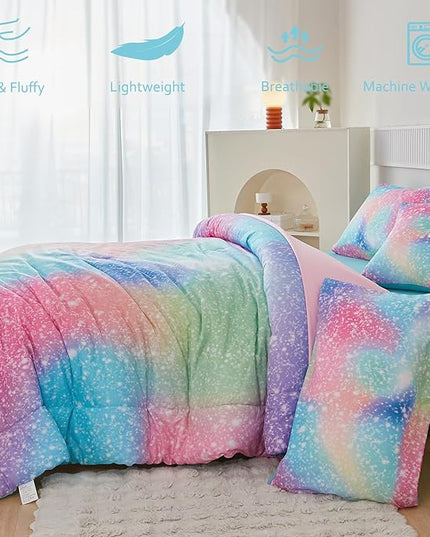 PERFEMET Rainbow Queen Girls Bedding Set, 6 Pieces Glitter Pink Green Comforter for Queen Size Bed, Colorful Tie Dye Ombre Teen Girls Bed in A Bag Comforter Set with Sheets - LeafyLoom