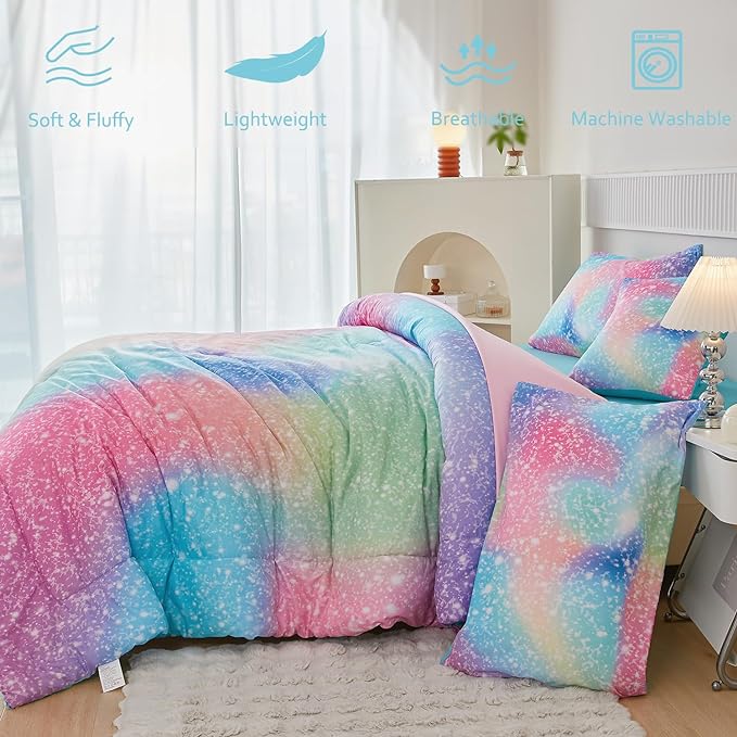 PERFEMET Full Size Comforter Sets for Kids Girls 6 Pieces Pink Green Ombre Rainbow Bedding Set Colorful Tie Dye Glitter Teen Girls Bed in A Bag - LeafyLoom