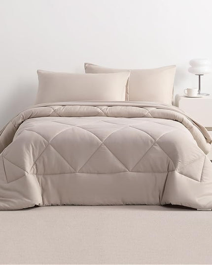 NTBAY Twin Comforter Set with Sheets, 5 Pieces Soft and Breathable Twin Bedding Set, Twin Bed in a Bag, Down Alternative Comforter Set Solid Color All Season, Kids Bedding Set, Taupe - LeafyLoom