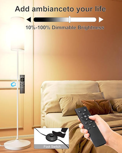 LED Floor Lamp for Living Room, Dimmable Standing Lamps with Foot Switch,Remote Custom Color Temperature White Pole Lamp with Lampshade,12W Led Bulb Tall Lamps for Bedroom Office Kid Room - LeafyLoom