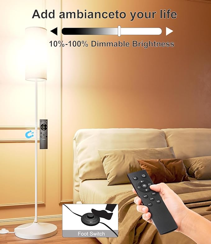 LED Floor Lamp for Living Room, Dimmable Standing Lamps with Foot Switch,Remote Custom Color Temperature White Pole Lamp with Lampshade,12W Led Bulb Tall Lamps for Bedroom Office Kid Room - LeafyLoom