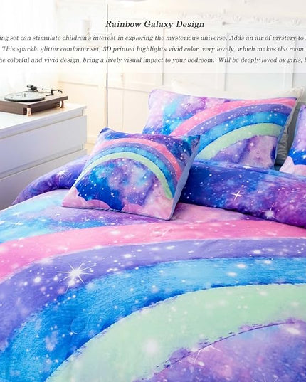 Tie Dye Blue Teens Comforter Set Queen for Girls, 3D Rainbow Gradient Glitter Bed in A Bag, 6 Pieces Twinkle Nebula Comforter Kids Bedding Set for All Season - LeafyLoom