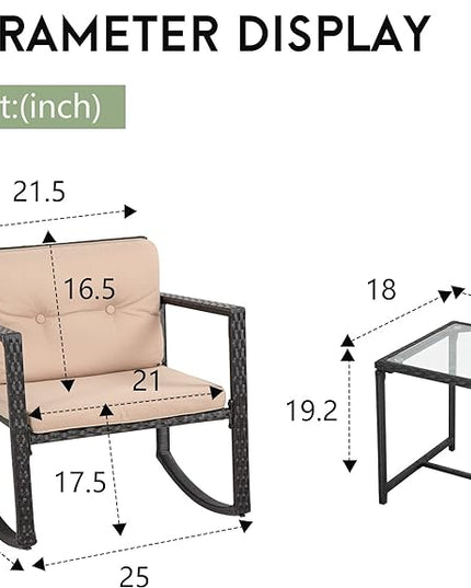 FDW Wicker Patio Furniture Outdoor Bistro Set, Rocking Chair, 3 Piece, Rattan Conversation Set for Backyard Porch Poolside Lawn with Coffee Table,Black - LeafyLoom