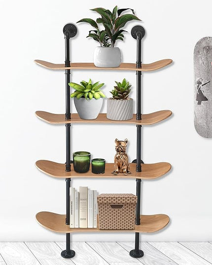 Industrial Shelves - 4 Tier Industrial Decor Pipe Bookcase Using 7 Ply Skateboard Decks - Natural Wood Stain Finish - Perfect Bathroom Wall Decor, Book Shelf for Skateboard Enthusiasts - LeafyLoom