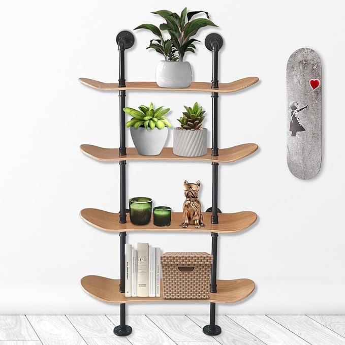 Industrial Shelves - 4 Tier Industrial Decor Pipe Bookcase Using 7 Ply Skateboard Decks - Natural Wood Stain Finish - Perfect Bathroom Wall Decor, Book Shelf for Skateboard Enthusiasts - LeafyLoom