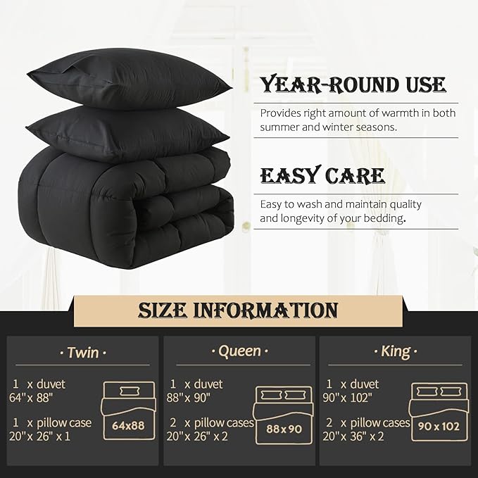 WhatsBedding Black Twin Comforter Set, Lightweight All Season Soft Down Alternative Bed Comforter, Bedding Set with 1 Pillowcases, Twin Size, 64"x88" - LeafyLoom