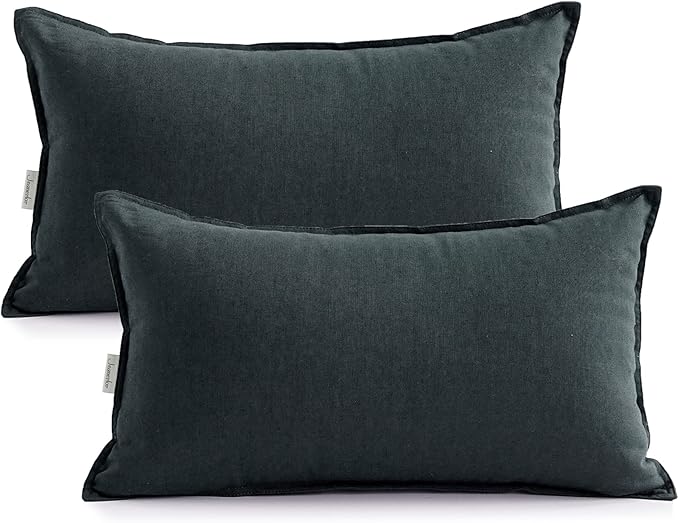 Jeanerlor Natural Cotton Linen Green Decorative 12"x20" Throw Pillow Case Cushion Cover with Twin Needles Stitch on Edge for Lumbar, (30 x 50cm), 2 Pcs, Dark Green - LeafyLoom