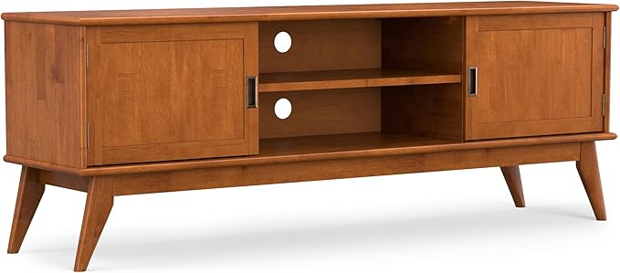 SIMPLIHOME Draper Solid Hardwood Wide Mid Century Modern Media Stand for TVs up to 80 inches for The Living Room and Entertainment Center, 72 inch, Teak Brown - LeafyLoom