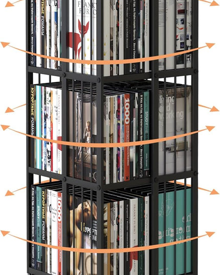 Rotating Bookcase Black 3 Tiers Metal Bookshelf, 360°Cubic Large Capacity for Small Space with Storage and Creative Multi-Layer Shelves,Magazine&Books for Bedroom Living Room Study and Office - LeafyLoom