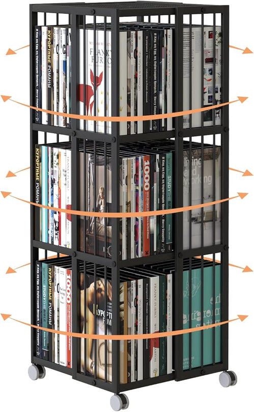 Rotating Bookcase Black 3 Tiers Metal Bookshelf, 360°Cubic Large Capacity for Small Space with Storage and Creative Multi-Layer Shelves,Magazine&Books for Bedroom Living Room Study and Office - LeafyLoom