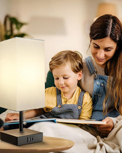 Bedside Table Lamp, Pull Chain for Bedroom with USB-C USB-A Charging Ports, 2700K LED Bulb with Fabric Lampshade, Nightstand Lamp for Living Room Bedroom Office Study Room (White) - LeafyLoom