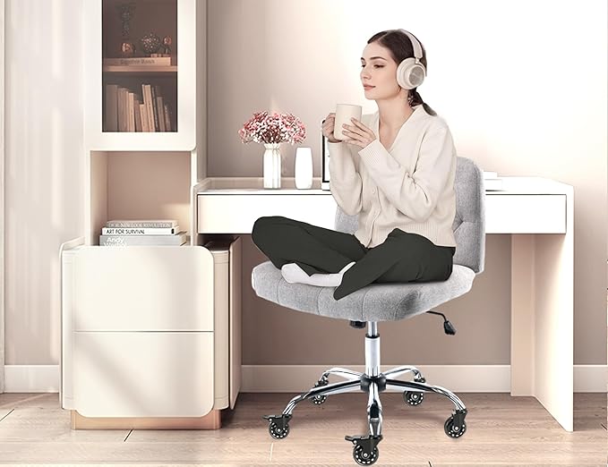 Criss Cross Chair with Wheels, Comfy Fabric Cross Legged Office Chair for Adult, Armless Wide Seat Desk Chair with Lumbar Pillow,Swivel Vanity Chair for Home Office, Conference (Grey) - LeafyLoom