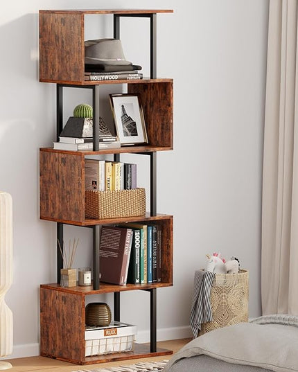 Furologee 6-Tier Bookshelf, Tall S-Shaped Geometric Bookcase, Industrial Freestanding Display Shelf Unit, Wood and Metal Decorative Room Divider for Living Room Bedroom, Home Office, Rustic Brown - LeafyLoom