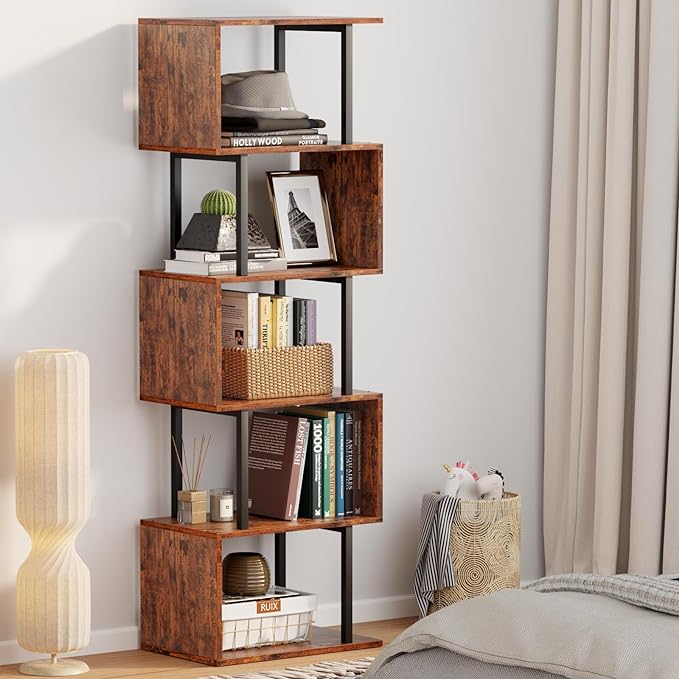 Furologee 6-Tier Bookshelf, Tall S-Shaped Geometric Bookcase, Industrial Freestanding Display Shelf Unit, Wood and Metal Decorative Room Divider for Living Room Bedroom, Home Office, Rustic Brown - LeafyLoom