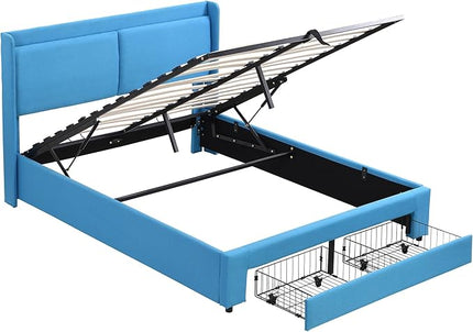 Queen Size Lift Up Storage Bed Platform Bed with 2 Drawers,Upholstered Platform Bed with Headboard and Wood Slats Support, Queen Size Bedframe with Hydraulic Storage System, Easy Assembly - LeafyLoom