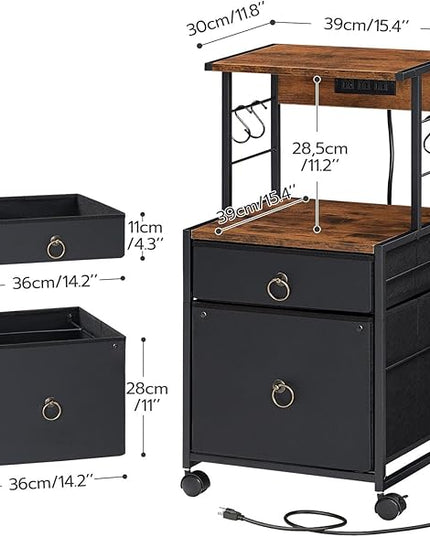 HOOBRO 2-Drawer File Cabinet, Filing Cabinet with Charging Station, Vertical Office Cabinet with Open Storage Shelf, Printer Stand, A4/Letter Size, Nonwovens Drawer, Rustic Brown and Black BFK23UWJ01 - LeafyLoom