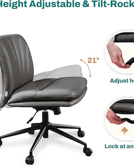Criss Cross Chair with Wheels - Cross Legged Office Chair, Wide Armless Desk Chair Comfy Swivel Vanity Chair for Home Office, PU Leather - Grey - LeafyLoom