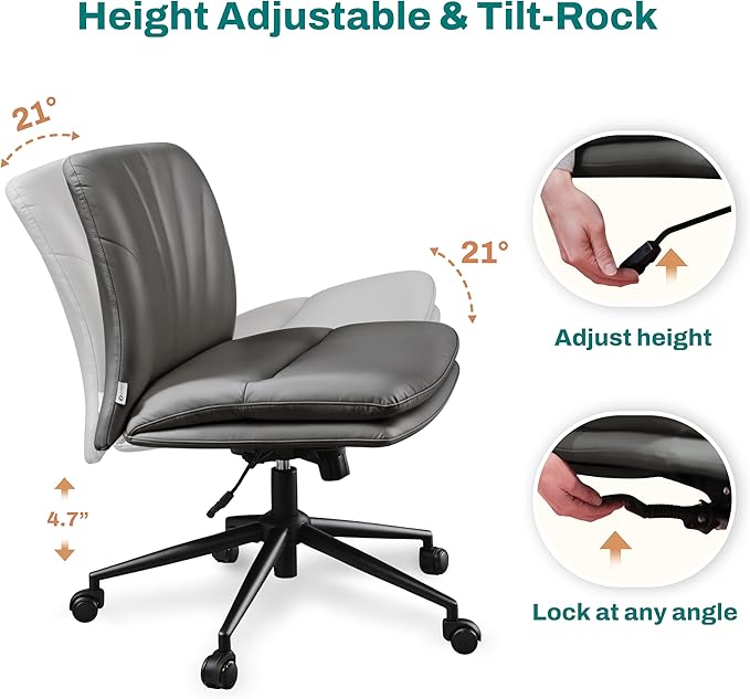 Criss Cross Chair with Wheels - Cross Legged Office Chair, Wide Armless Desk Chair Comfy Swivel Vanity Chair for Home Office, PU Leather - Grey - LeafyLoom