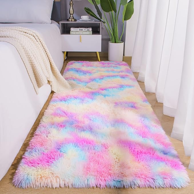 AROGAN Soft Rainbow Area Rugs for Girls Room 2x6 Feet, Fluffy Girls Bedroom Rugs, Princess Rug, Cute Colorful Carpet for Kids Teens Nursery Toddler, Pink - LeafyLoom