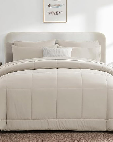 CozyLux King Size Comforter Sets - 7 Pieces Bed in a Bag Set Beige, Bedding Sets King with All Season Quilted Comforter, Flat Sheet, Fitted Sheet, Pillowcases, Beige, King - LeafyLoom