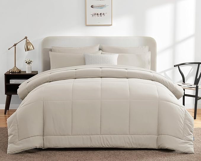 CozyLux King Size Comforter Sets - 7 Pieces Bed in a Bag Set Beige, Bedding Sets King with All Season Quilted Comforter, Flat Sheet, Fitted Sheet, Pillowcases, Beige, King - LeafyLoom