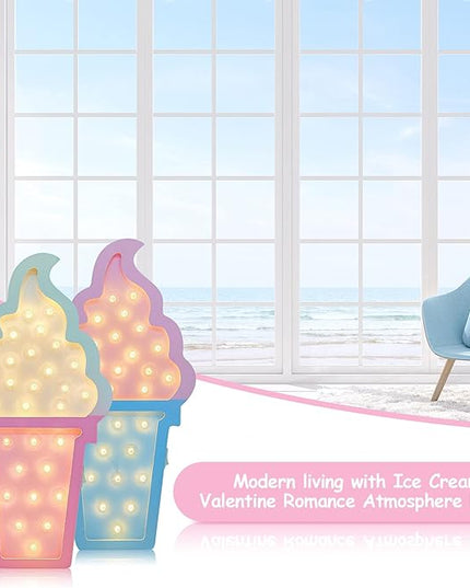 2 Pcs Ice Cream Valentine Romance Atmosphere Light Wooden Ice Cream LED Night Light Ice Cream Theme Valentine Romance Lamps Battery Operated LED Night Lights for Birthday Party Decor (Blue-Pink) - LeafyLoom