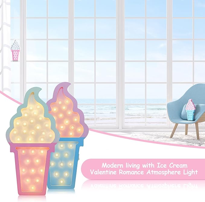 2 Pcs Ice Cream Valentine Romance Atmosphere Light Wooden Ice Cream LED Night Light Ice Cream Theme Valentine Romance Lamps Battery Operated LED Night Lights for Birthday Party Decor (Blue-Pink) - LeafyLoom