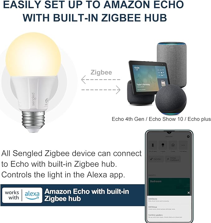Sengled Zigbee Smart Light Bulbs, Smart Hub Required, Works with SmartThings and Echo with Built-in Hub, Voice Control with Alexa and Google Home, Soft White 60W Eqv. A19 Alexa Light Bulb, 6 Pack Sengled