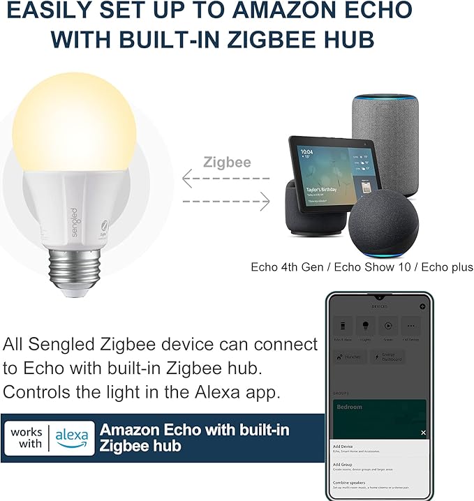 Sengled Zigbee Smart Light Bulbs, Smart Hub Required, Works with SmartThings and Echo with Built-in Hub, Voice Control with Alexa and Google Home, Soft White 60W Eqv. A19 Alexa Light Bulb, 2 Pack Sengled