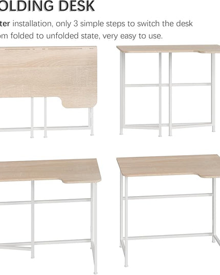 4NM 35.4" Small L Shaped Desk, Folding Computer Desk Home Office Desk, Foldable Bed Desk for Laptop for Small Space Offices - Natural and White - LeafyLoom