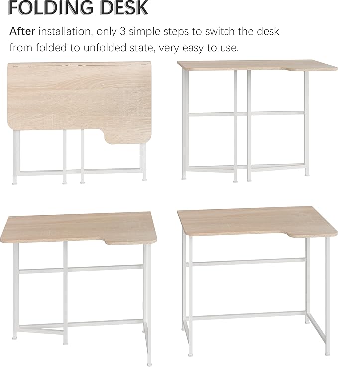 4NM 35.4" Small L Shaped Desk, Folding Computer Desk Home Office Desk, Foldable Bed Desk for Laptop for Small Space Offices - Natural and White - LeafyLoom