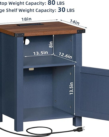 Night Stand Set of 2, 18 Inch Farmhouse Nightstand with with Charging Station and USB Port, Rustic Couch End Table with Magnetic Door, Wood Bed Side Tables for Bedroom, Home, Navy Blue - LeafyLoom