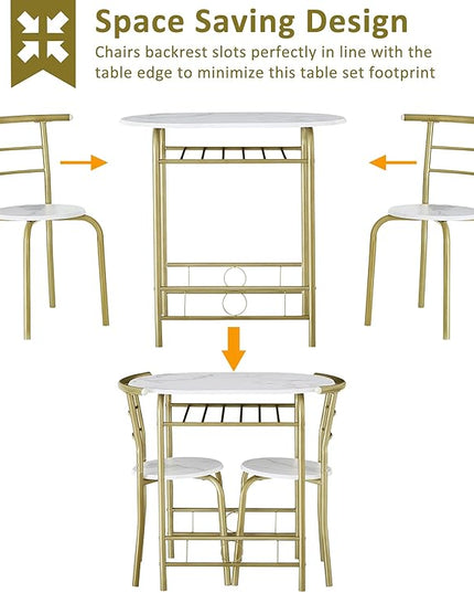 VECELO 3-Piece Dining Table Set for Kitchen Breakfast Nook, Wood Grain Oval Tabletop and Metal Frame with Built-in Wine Rack, for Small Spaces, 31.5", White & Gold - LeafyLoom