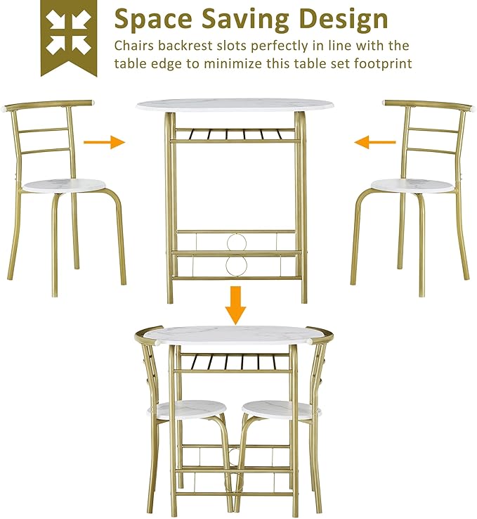 VECELO 3-Piece Dining Table Set for Kitchen Breakfast Nook, Wood Grain Oval Tabletop and Metal Frame with Built-in Wine Rack, for Small Spaces, 31.5", White & Gold - LeafyLoom