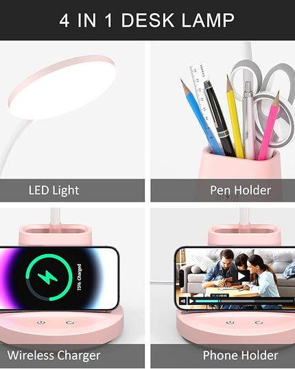 LED Desk Lamp with Wireless Charger for Home Office, Small with Pen Holder, 800LM,3 Color Modes,Gooseneck, Eye-Caring White Desk Lamps for Home College Dorm Room,Pink - LeafyLoom