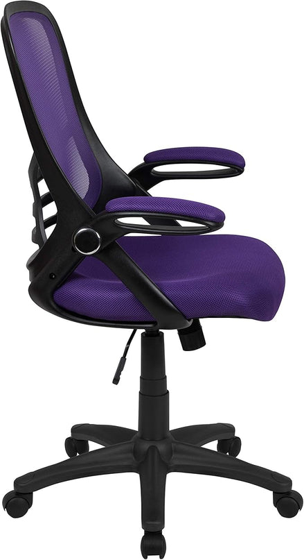 Flash Furniture Porter High-Back Swivel Office Chair with Adjustable Lumbar Support and Seat Height, Ergonomic Mesh Desk Chair with Flip-Up Armrests, Purple/Black - LeafyLoom