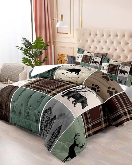 LUVIVIHOME 3PCS Farmhouse Cabin Comforter Set, Brown Plaid Patchwork Sage Green Full Size Comforter, Black Bear Deer Moose Woodland Forest Animal Wildlife Lodge Country Rustic Bedding, 2 Pillow Shams - LeafyLoom