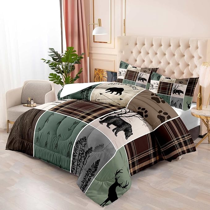 LUVIVIHOME 2PCS Farmhouse Comforter Set, Brown Plaid Patchwork Sage Green Twin Comforter, Black Bear Deer Elk Moose Woodland Forest Animal Wildlife Lodge Country Rustic Cabin Bedding, 1 Pillow Sham - LeafyLoom