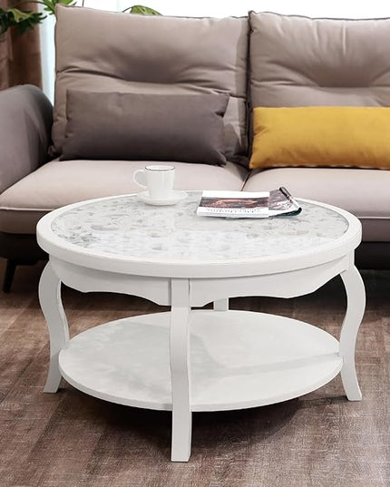 FINECASA Round White Coffee Table, 33.7x19 inches, Glass Top, Vintage Boho Design, Wood, White Patterned - LeafyLoom