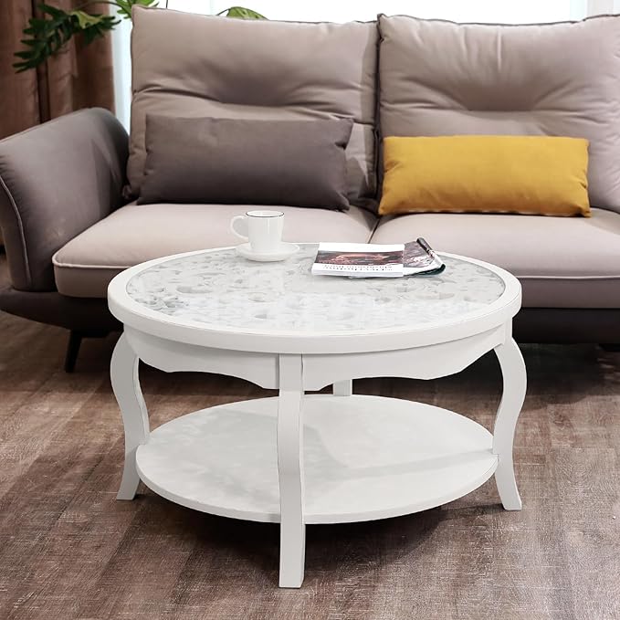 FINECASA Round White Coffee Table, 33.7x19 inches, Glass Top, Vintage Boho Design, Wood, White Patterned - LeafyLoom