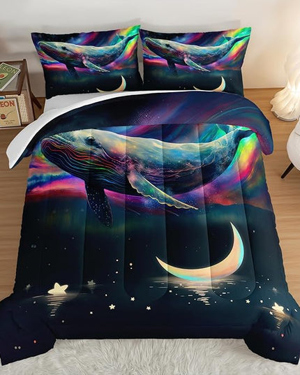 HOSIMA 3D Whale Galaxy Bedding Comforter Sets,Stars Moon Comforter Starry Room Decor Aesthetics,Ocean Theme Marine Life Whale Comforter with 2 Pillowcases Full Size Bed in a Bag Set for Adults Kids. - LeafyLoom