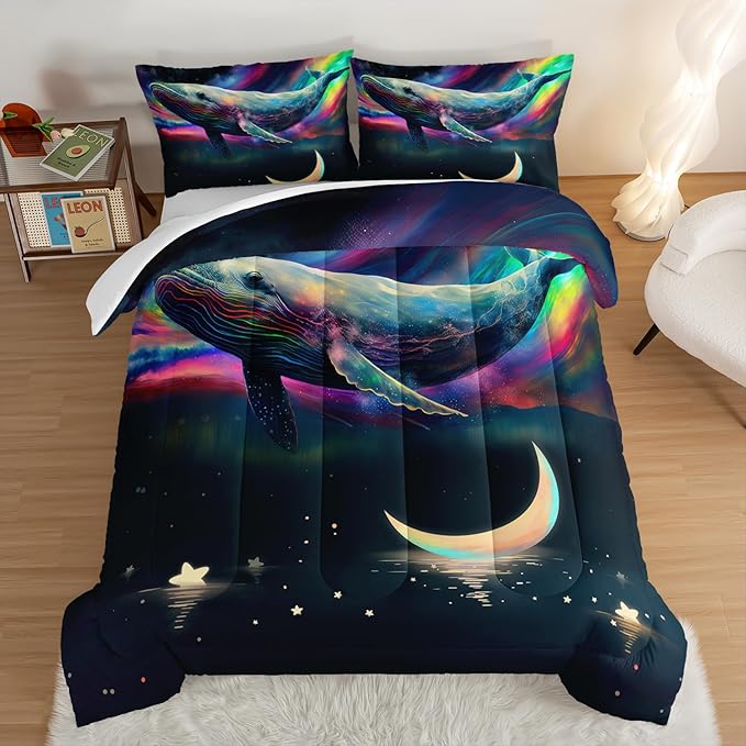 HOSIMA 3D Whale Galaxy Bedding Comforter Sets,Stars Moon Comforter Starry Room Decor Aesthetics,Ocean Theme Marine Life Whale Comforter with 2 Pillowcases Twin Bed in a Bag Sets for Adults Kids. - LeafyLoom